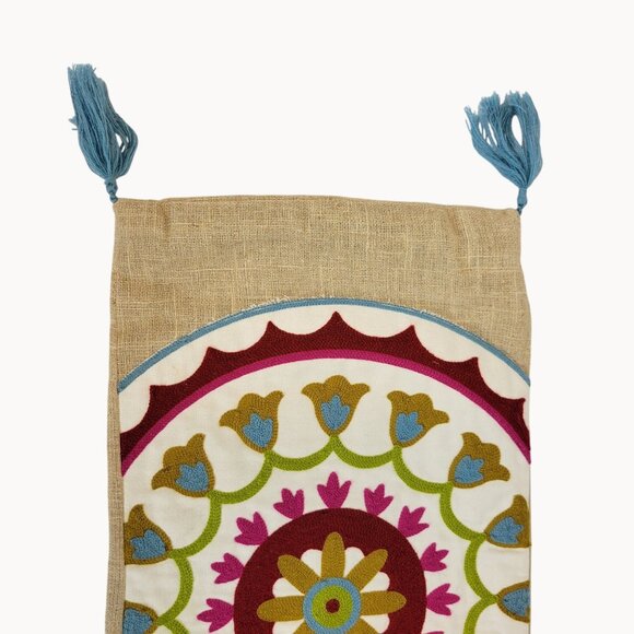 Rectangular Boho Multicolor Mosaic Beige Burlap Blue Tasseled Pillow Sham Cover - Picture 4 of 12